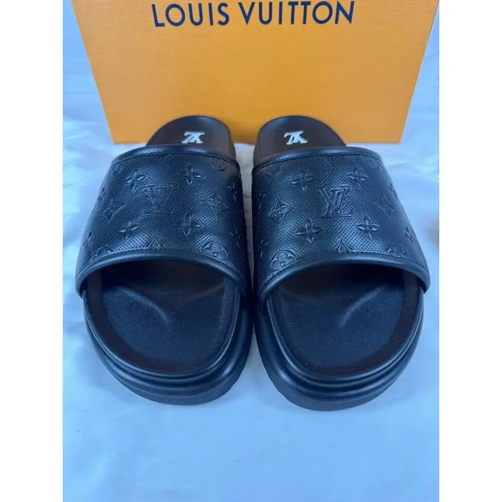 US Men's Size 13 Louis Vuitton Monogram Leather Printed Slides SPB-JB 370571